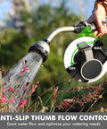 Heavy Duty Metal Watering Wand With 15 Inch Hose Nozzle Sprayer And 10 Spray Patterns, Thumb Flow Control in use on flowers
