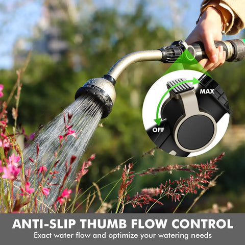 Heavy Duty Metal Watering Wand With 15 Inch Hose Nozzle Sprayer And 10 Spray Patterns, Thumb Flow Control in use on flowers