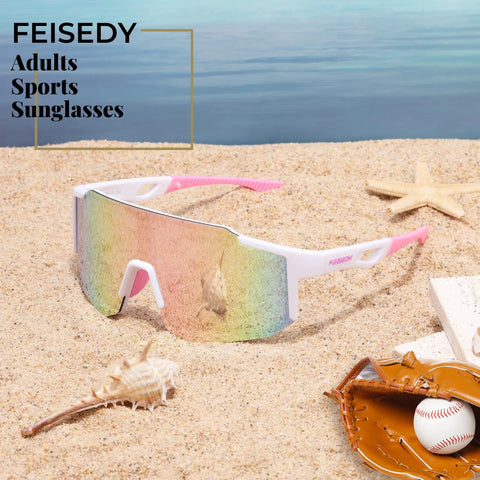 Unisex Sports Sunglasses For Men Women And Teens With UV400 Protection Wraparound Wide View One Piece Frame on sandy beach