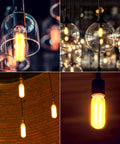 Six Pack Dusk To Dawn T10 Tubular LED Filament Bulbs lit in various fixtures, demonstrating vintage look and soft white glow.