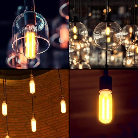 Six Pack Dusk To Dawn T10 Tubular LED Filament Bulbs lit in various fixtures, demonstrating vintage look and soft white glow.