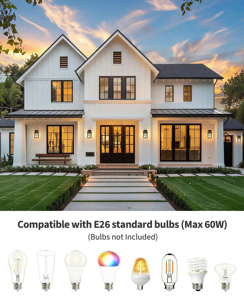 Black Outdoor Wall Lights Set Waterproof Patio Sconces Crafted From Rust Resistant Die Cast Metal And Tempered Wave Glass Ideal For Backyards And Entryways Sleek Modern Build That Braces Against Snow And Rain Hella Tough Construction Set Of Two mounted on an elegant modern home, compatible with E26 bulbs.