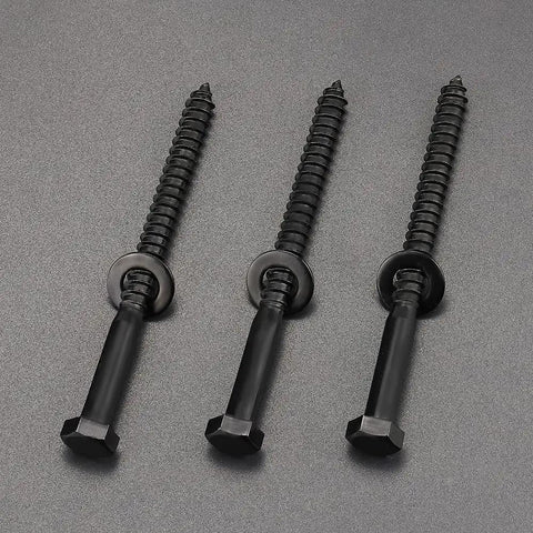 Heavy Duty Stainless Steel Lag Screws With Flat Washers 12 Pack One Quarter Inch By Four Inch Black Hex Head Wood Screws 304 Stainless 18 8 Corrosion Resistant With Black Oxide Coating For Decks Fences And Outdoor Projects, displayed on a grey background.