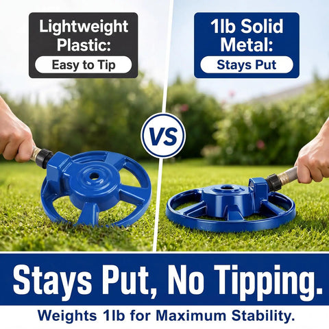 Comparison of lightweight plastic vs 1lb solid metal sprinkler, highlighting stability of Heavy Duty Cast Iron Lawn Sprinkler For Yard And Garden Watering With American Threaded Joints Durable Weather Resistant Metal Sprinkler System Perfect For Irrigation And Lawn Care Blue Finish.