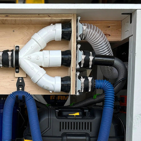 Woodworking setup with 4 Inch Dust Collection Flex Cuff with Stainless Steel Hose Clamps for an airtight seal and dust fittings.