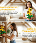 Vibrant Floral Building Set With Vase For Adults Grown Up Friendly Compatible With Lego Flowers 739 Pieces Botanical Home Decor Kit For Art Bouquets Bonsai Plants Gift For Valentines Day Mothers Day sunflower building set in vase, displayed on shelf