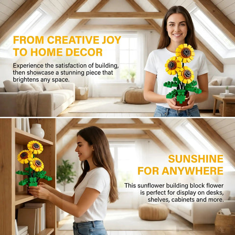 Vibrant Floral Building Set With Vase For Adults Grown Up Friendly Compatible With Lego Flowers 739 Pieces Botanical Home Decor Kit For Art Bouquets Bonsai Plants Gift For Valentines Day Mothers Day sunflower building set in vase, displayed on shelf