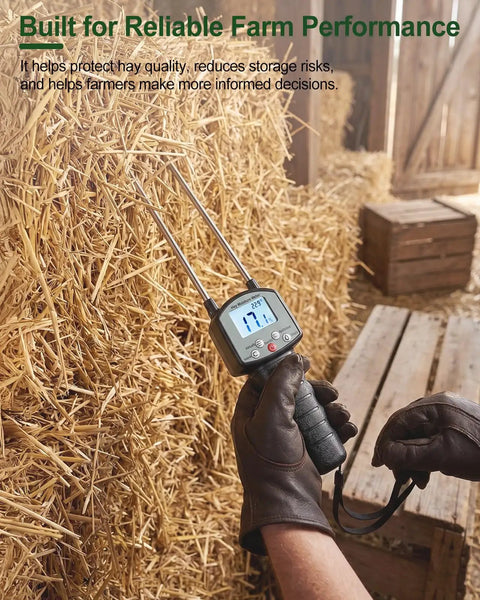 Hay Moisture Tester With Long Probe, Portable Bale Moisture Meter Forage Grass, Alfalfa, Orchard Grass, And Other Hays, One Second Read, 0 To 80 Percent, No Calibration Needed, Helps Prevent Overheating And Crop Loss During Storage, in hay bale