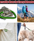 Heavy Duty Aluminum Carabiners Set of 4 Blue 4 Inch D Ring Clips With Spring Snap Hooks For Camping Hiking Keychains Dog Leashes Hammocks And Outdoor Gear Tough As Nails Durable Rock Climbing Clips shown with keys, hiking, tent, and dog leash use.