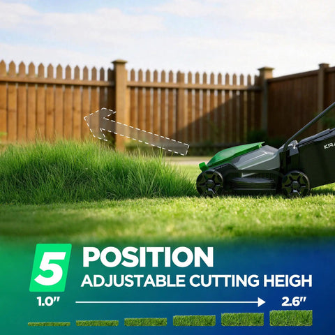 Lightweight 14 Inch Cordless Lawn Mower With 20V Power And 5Ah Battery, Ultra Quiet Push Mower For Small Yards Up To 3,000 Sq Ft, Easy Maneuver, Backyard Lawn Care And Maintenance showing 5-position cutting height 1.0" to 2.6"