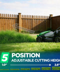 Ultra-Light 14 Inch Cordless Lawn Mower With 20V 2x5Ah Batteries Ultra Quiet Motor For Small Yards Finishes Up To 5,000 Sq Ft On One Charge Easy Push Lightweight Mower For Urban Lawns And Backyard Maintenance, side view with 5-position cutting height