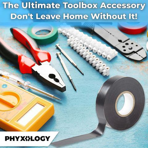 Black electrical tape roll on a blue workbench with pliers and a yellow multimeter; PHYXOLOGY logo visible.