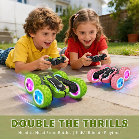 Kids playing with 2.4GHz Off Road RC Car With Dual Sided 360 Degree Roll, Four Wheel Drive, High Speed Stunt Racer, LED Headlights