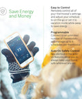 Person holding a smartphone displaying Wi Fi Connected Thermostat With Alexa And Google Assistant All In One Touch Screen Controller Auto On Safety Alerts Remote HVAC Control From Anywhere Sleek Color Display Energy Saver For Smart Home White app interface in snowy setting