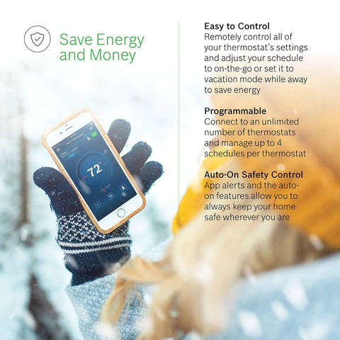 Person holding a smartphone displaying Wi Fi Connected Thermostat With Alexa And Google Assistant All In One Touch Screen Controller Auto On Safety Alerts Remote HVAC Control From Anywhere Sleek Color Display Energy Saver For Smart Home White app interface in snowy setting