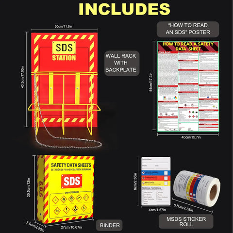 Yellow Heavy Duty SDS Wall Station Set with 3 inch ring binder, rack, sign, chain, safety posters, and MSDS labels for compliance