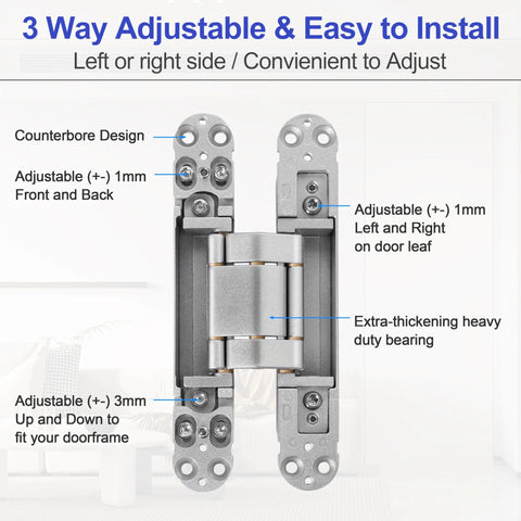 Two Kit Set Stainless Steel Hidden Door Hinges For 7 Inch Doors Concealed Hinges With 180 Degree Swing 3 Way Adjustable Silver Finish