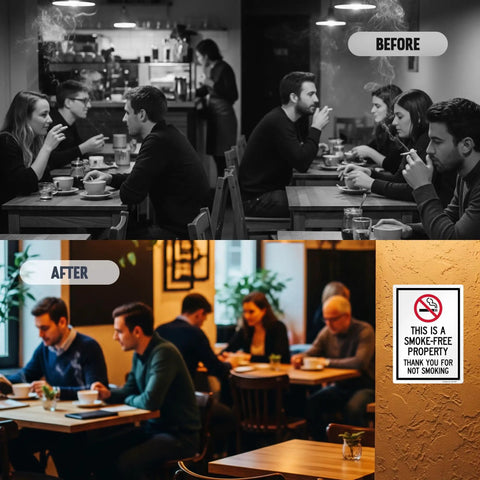 Straight Up Smoke Free Property Sign Featuring Bold No Smoking Symbol, 14 X 10 Inch, displayed in indoor cafe setting.
