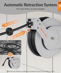 65ft Pressure Washer Hose Reel With Auto Retract And Lock At Any Length displayed on wall, showcasing locking mechanism.