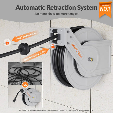 65ft Pressure Washer Hose Reel With Auto Retract And Lock At Any Length displayed on wall, showcasing locking mechanism.
