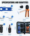 All-In-One Solar Crimp Tool Kit 13 Piece Set For Panel Wiring And Installation with specifications and components displayed
