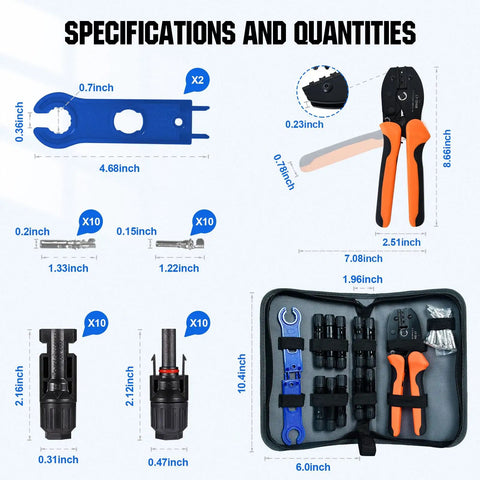 All-In-One Solar Crimp Tool Kit 13 Piece Set For Panel Wiring And Installation with specifications and components displayed