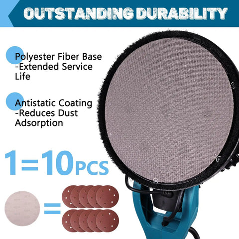 9 Inch Mesh Sanding Discs With Hook And Loop For Drywall Sander, showing polyester fiber and antistatic coating features.