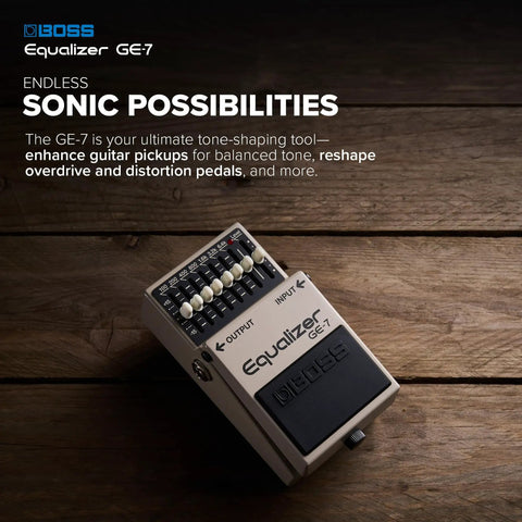 7 Band Graphic EQ Pedal For Guitarists With 100 Hz To 6.4 kHz Tones, Compact And Rugged on wooden surface