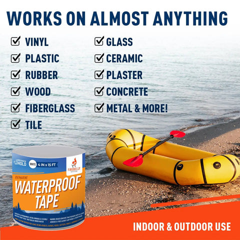 Heavy Duty Waterproof Tape For Leaks Tough As Nails All Weather Sealant For Outdoor And Indoor Repairs Marine Grade Weatherproof Tape With Super Strong Adhesive For Pools Roofs Plumbing And More White near inflatable boat by water