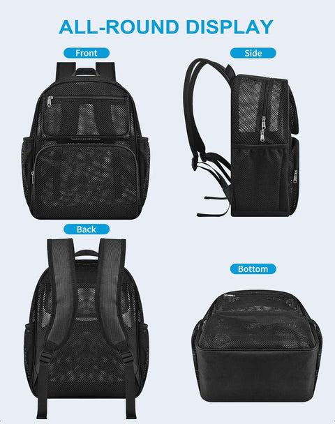 Front, side, back, and bottom view of Heavy Duty Mesh Backpack See Through Beach Pool Bag For Travel And Day Trips Rugged Tough As Nails 600D Base With Reinforced Seams Sand Resistant Clear See Through Design For Easy Access And Everyday Use