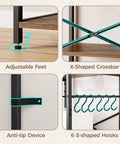 Detailed view of kitchen bakers rack with adjustable feet, X-shaped crossbar, anti-tip device, 6 S-shaped hooks, rustic brown finish
