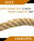 Natural 2 Inch By 50 Ft Jute Rope, Twisted 4 Strands shown in close-up with label highlighting size and length.