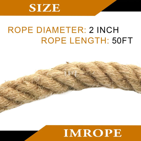Natural 2 Inch By 50 Ft Jute Rope, Twisted 4 Strands shown in close-up with label highlighting size and length.