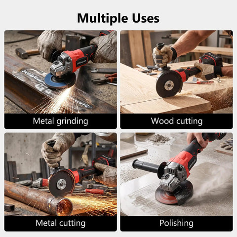 Cordless Four And A Half Inch Angle Grinder With 18.5V Brushless Motor Beefy Battery Powered Cut Off Tool Kit Includes Two 3.0Ah Batteries And Charger For Metal Stone Tile Cutting And Grinding And Rust Removal. Multiple uses: metal grinding, wood cutting, metal cutting, polishing.