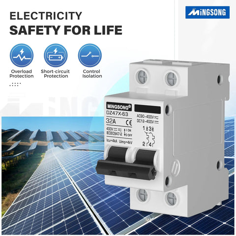 32 Amp Solar Panel Disconnect Switch For PV Systems, DC 12-400V Or AC 90-400V, 2 Pole Mini MCB Solar Shut Off, DIN Rail Mount, Easy Install, Protects Power Distribution From Overload And Short Circuit, Great For Home Or Workshop, white