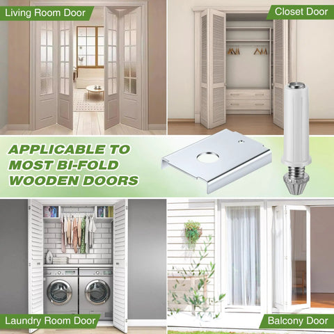 4 Pack Bifold Door Hardware Repair Kit For One And Seven Eighths Inch Wood Doors And Seven Sixteenths Inch Pivot Holes shown with home door examples and hardware components