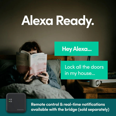 Person reading with Alexa voice command prompt and WiFi bridge for Go Smart Lock With Fingerprint And Digital Keys, Remote PIN Codes.