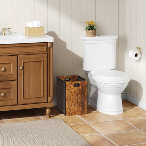 Dope Retro Industrial Office Trash Can With Iron And Wood Construction, Rectangular Wastebasket With Handle in bathroom setting