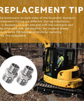Two silver metal hydraulic hose thread connectors, 2-pc set for mini excavator attachments; close-up view.