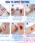Instructions for applying Lit Glow In The Dark 105 Piece Patriotic Temporary Tattoos Set For Independence Day Featuring American Flag Stars And Eagles.
