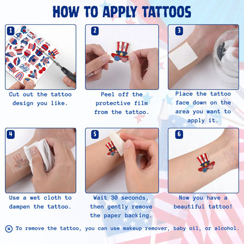 Instructions for applying Lit Glow In The Dark 105 Piece Patriotic Temporary Tattoos Set For Independence Day Featuring American Flag Stars And Eagles.