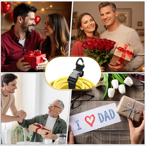 Collage of people exchanging gifts with a central image of Six Pack 17 Inch Adjustable Extension Cord Holder Organizer With Triangle Clips For Garage Organization And Storage Heavy Duty Cord Hanger For Workshop Black.