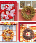 Four seasonal wreaths displayed on doors using Clear Suction Cup Hooks Set Of 6 For Shower, Small Yet Mighty, Heavy Duty Removable And Reusable.