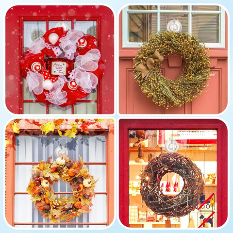 Four seasonal wreaths displayed on doors using Clear Suction Cup Hooks Set Of 6 For Shower, Small Yet Mighty, Heavy Duty Removable And Reusable.