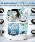 No Sweat Compact 13 Pound Twin Tub Washing Machine Portable Washer And Spin Cycle Combo with 8 lbs wash tub and 5 lbs spin tub.