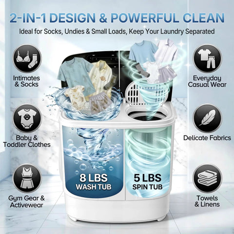 No Sweat Compact 13 Pound Twin Tub Washing Machine Portable Washer And Spin Cycle Combo with 8 lbs wash tub and 5 lbs spin tub.