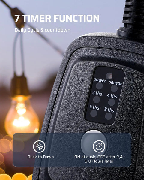 Close-up of Weatherproof Outdoor Timer Outlet With 100 Ft Remote Control, dual outlets, timer settings, outdoor light in background.