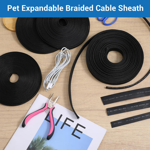 131 Ft Expandable Braided Cable Sleeve Wire Loom All In One Kit with Four 32.8 Ft Rolls and Heat Shrink Tubes on table