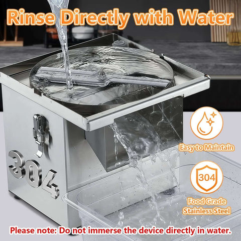4-in-1 commercial vegetable processor, all stainless steel with clear lid; front-left view with water rinse