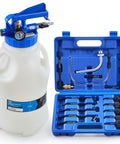Oil Extractor Pump And Dispenser Kit For Cars And Trucks Garage Ready 10 Liter Pneumatic Bleeder With Two Point Six Gallon Capacity, shown with adapters and case.